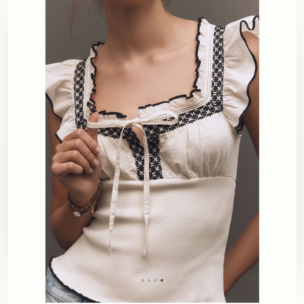 Anthropologie Cream Ruffle Trim Tank with Black Embroidery